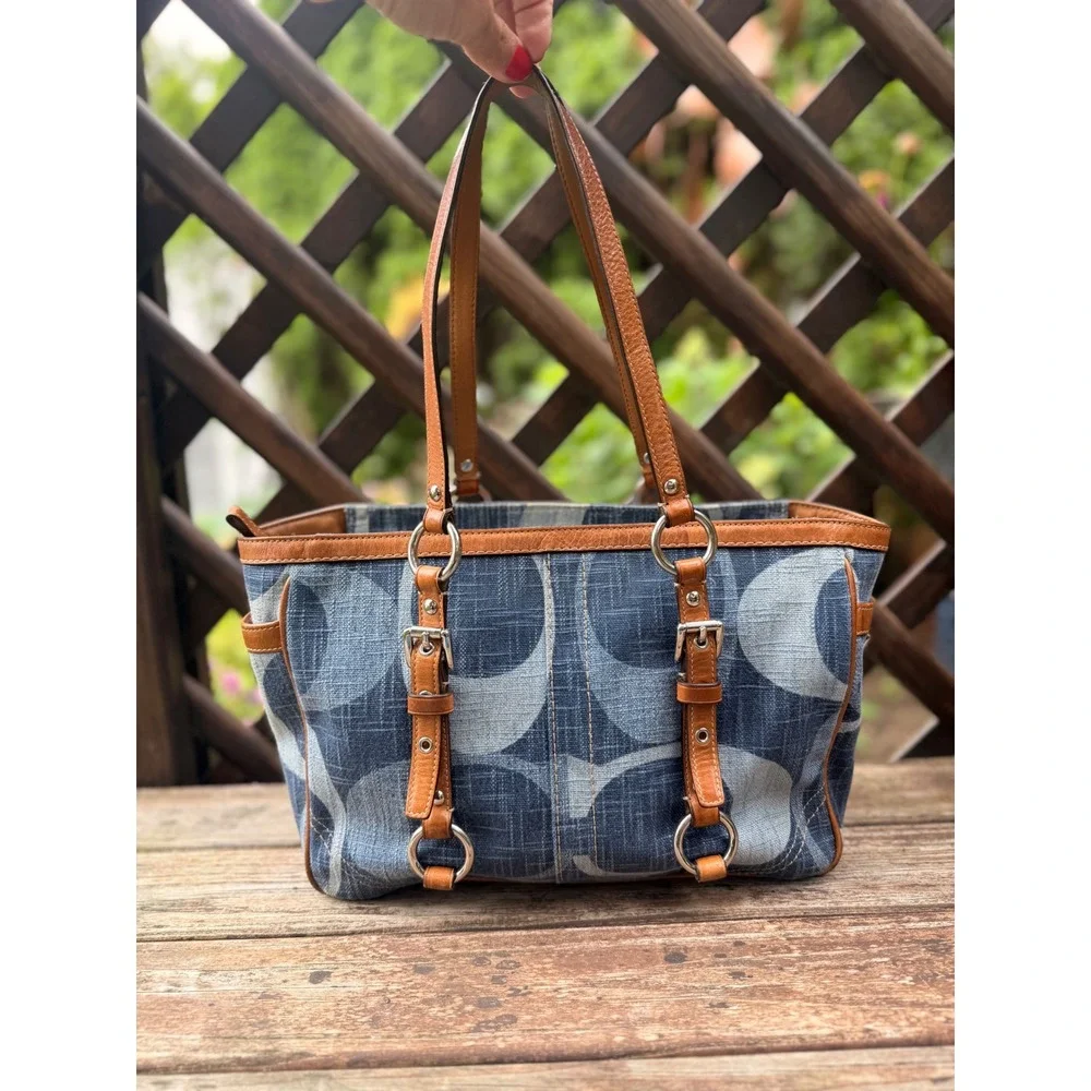 Coach Denim East West Gallery Tote Jacquard Signature C Blue Tan Leather Y2K